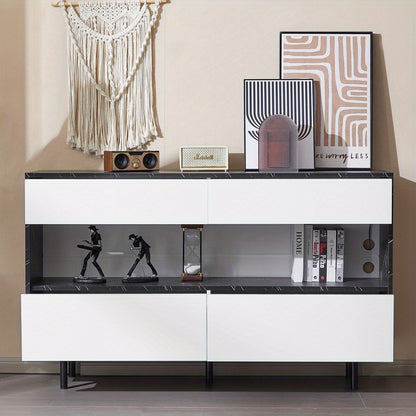 Dressoir – Buffetkast – Sideboard – Opbergkast – Commode – Wit Zwart – Marmerlook Blad – Stabiel Metalen Frame – 150x35x89,5 cm – 4 Laden + Open Plank