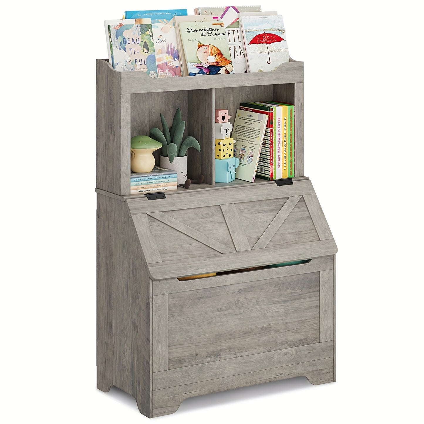 Boekenplank – Boekenrek – Wandplank – Opbergplank – Wandrek – Modern Grijs – 3 Vakken Met Flip-Top Deksel – Duurzaam MDF En Massief Hout