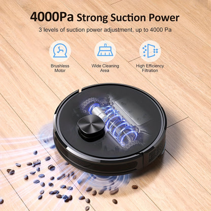 Robotstofzuiger – Robotvacuum – Dweilrobot – Stofzuigrobot – Slimme Robot – 4000Pa Zuigkracht – 150 Minuten Gebruikstijd – 24 No-Go Zones – Stil 56dB