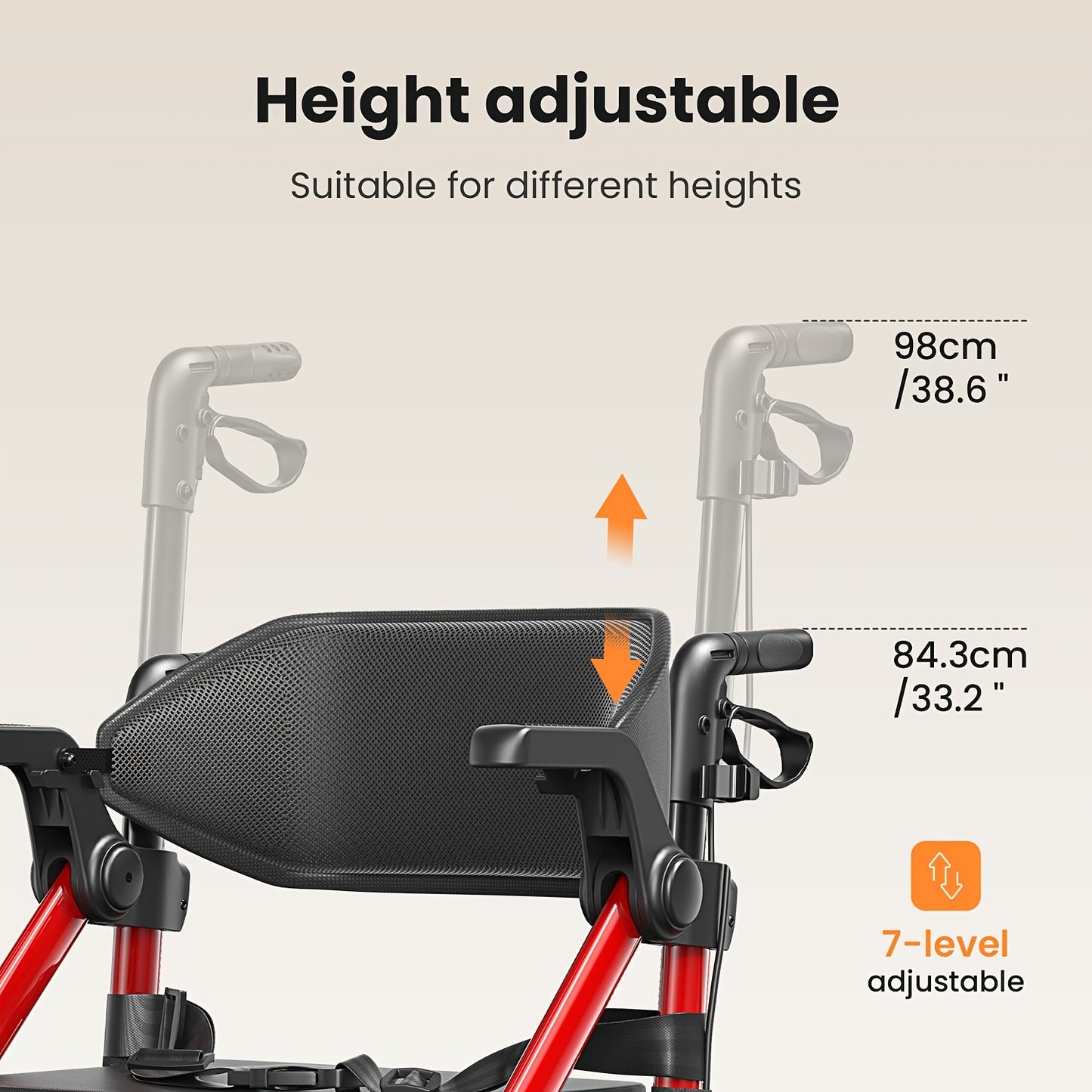 Rollator – Wandelwagen – Looprek – Rolstoel – Loopwagen – 2-in-1 Rollator met Zitje – Lichtgewicht Opvouwbaar Design – Handremmen voor Veiligheid – Rood
