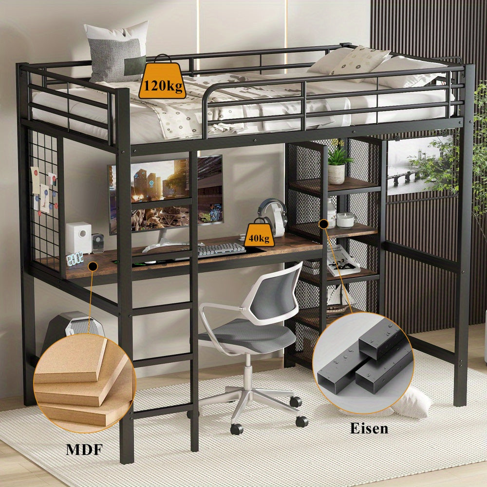 Hoogslaper – Loftbed – Kinderbed – Stapelbed – Eenpersoonsbed – Metaal & Donker Hout – 90x200 cm – Met Bureau en Opbergruimte