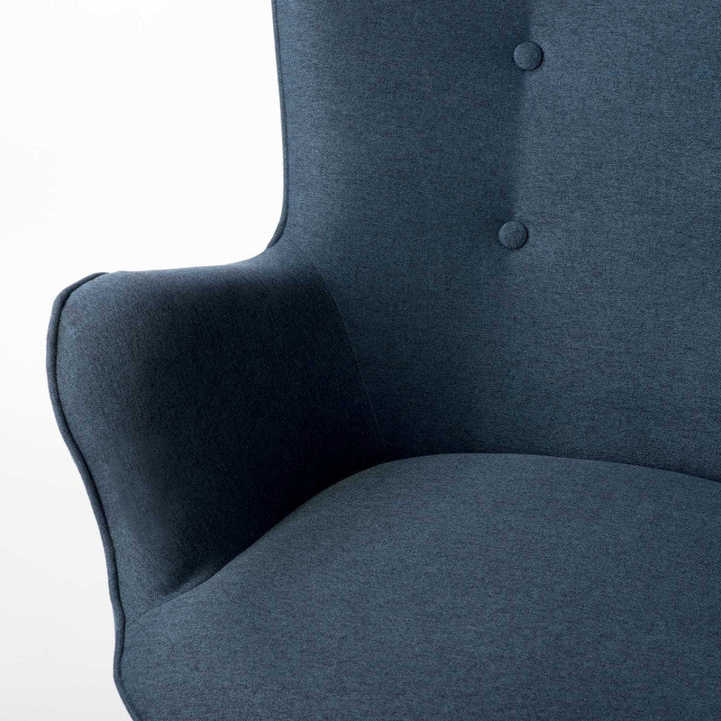 Fauteuil – Armstoel – Relaxstoel – Zetel – Sessel – Blauw Stof – Beukenhouten Poten – Inclusief Voetenbank