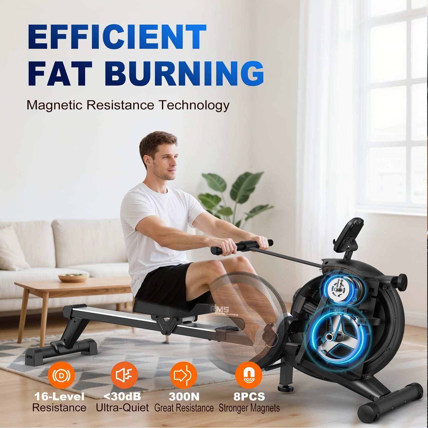 Magnetische Roeimachine – Roertrainer – Roeiapparaat – Fitness Roeimachine – Indoor Rower – 16 Verstelbare Weerstanden – Max. Gewicht 150 kg – Mat Zwart