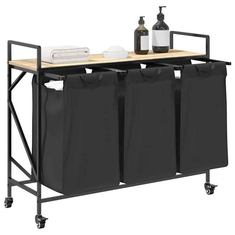 Wasmand – Wassorteerder – Wasbox – Waszak – Wasopberger – 3 Vakken – Met Wielen – Sonoma Eiken Design - Zwart