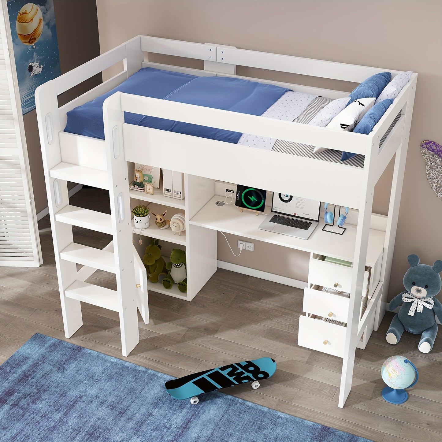 Loft Bed, Desk, Wardrobe And Filing Cabinet with Stairs And Slatted Shelves, Storage Space, 90 X 200, Mattress Not Included