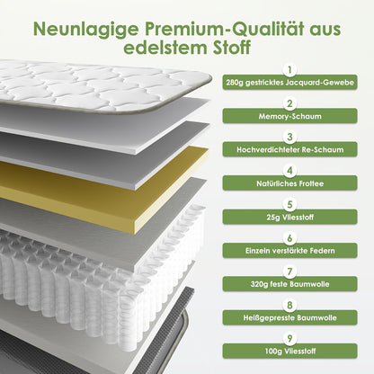 7-Zone Pocketvering Matras – Binnenvering Matras – Springmatras – Ergonomisch Matras – 7-Zone Matras – Extra Stevig H3 – Memory Foam Euro Top 22 cm Dikte