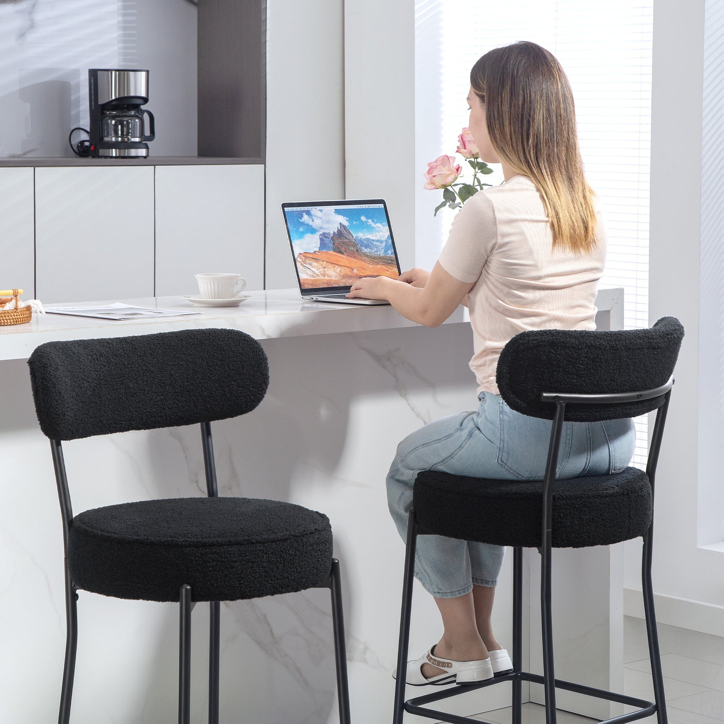 Barkrukken – Barkruk Set – Barstoelen – Hoge Stoelen – Keukenstoelen – Zwart Metalen Frame – Gewatteerd Zitvlak Met Fleece Bekleding