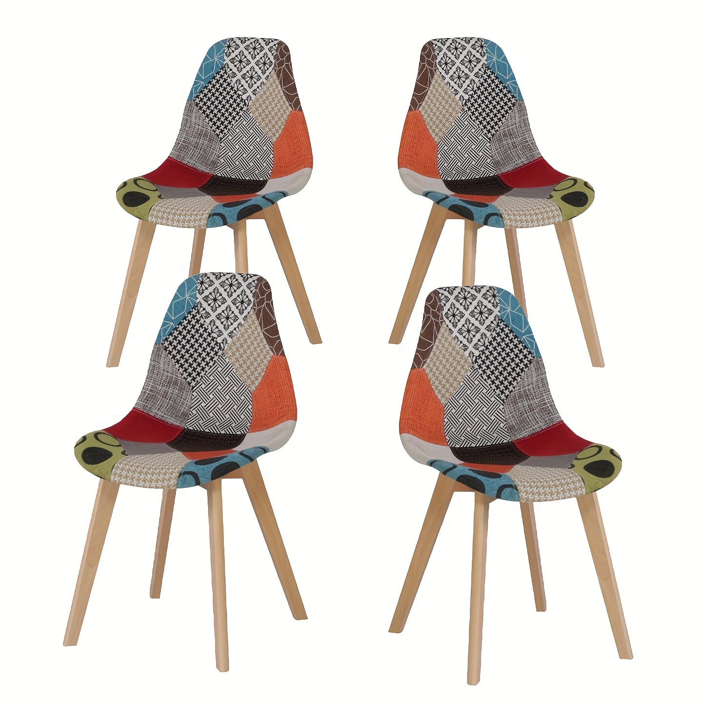 Set van 4 Patchwork Eetkamerstoelen – Uniek Design, Beukenhouten Poten – Rood, Geschikt voor Keuken, Woonkamer en Diverse Gelegenheden