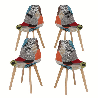 Set van 4 Patchwork Eetkamerstoelen – Uniek Design, Beukenhouten Poten – Rood, Geschikt voor Keuken, Woonkamer en Diverse Gelegenheden