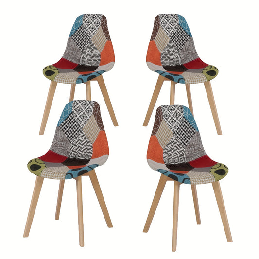 Set van 4 Patchwork Eetkamerstoelen – Uniek Design, Beukenhouten Poten – Rood, Geschikt voor Keuken, Woonkamer en Diverse Gelegenheden