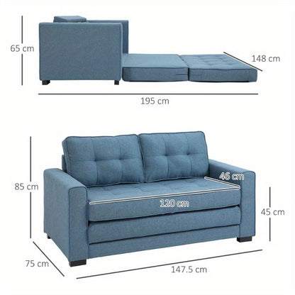 Slaapbank – 2-Zitsbank – Bedbank – Uitklapbank – Zetelbed – Linnen Look Stof – Inklapbaar – Rubberen Houten Frame – Blauw – Compact 147,5x75x85 cm