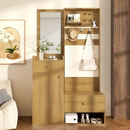 Kapstokkast – Garderobekast – Kapstok – Halmeubel – Garderoberek – Multifunctioneel – Compact – Vrijstaand – Rieten Beige/Bruin – Verstelbare Planken – Kledingroede – Spiegel