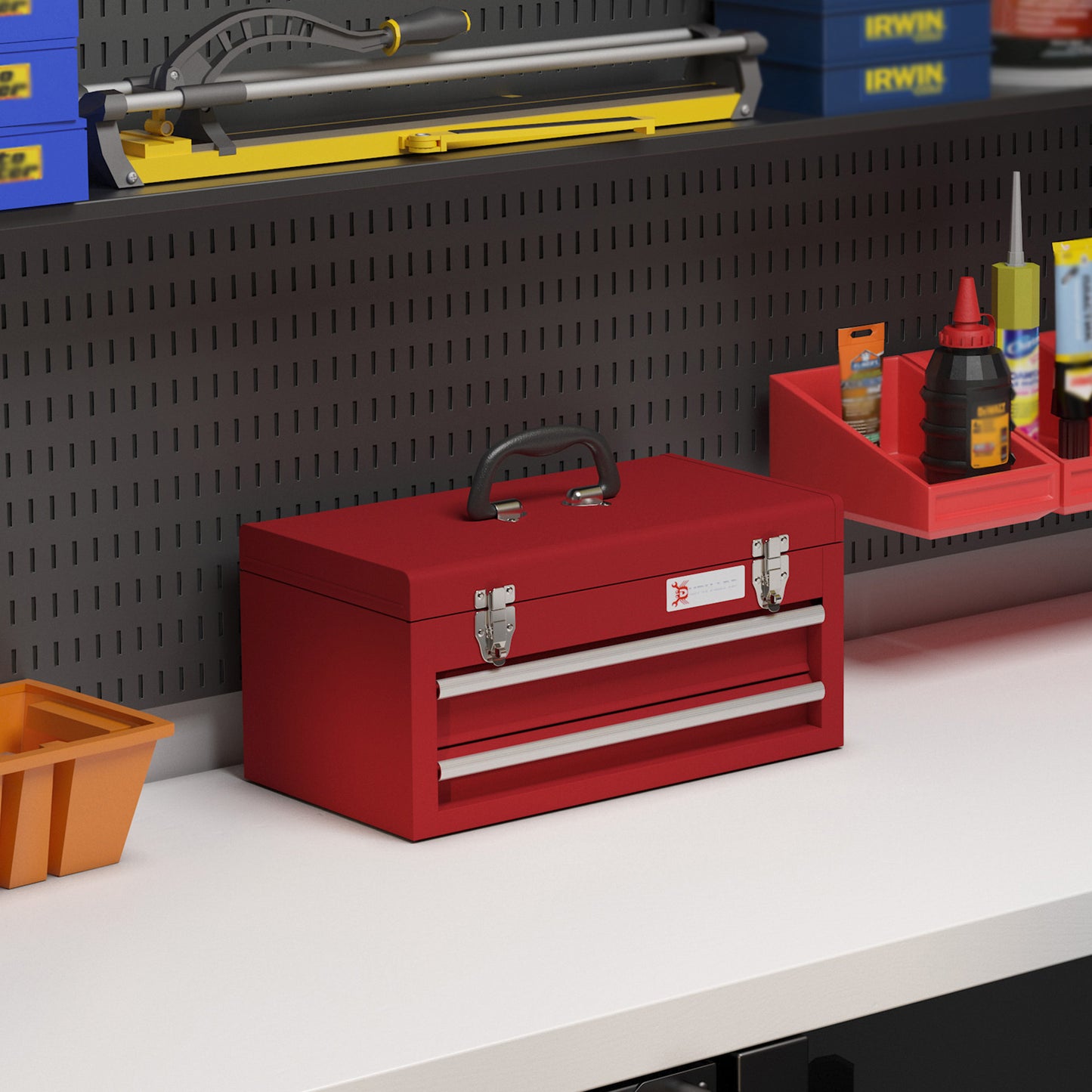 Gereedschapskist – Gereedschapsdoos – Toolkist – Opbergtas – Werkplaatskist – 2 Laden – Robuuste Stalen Sluitingen – Draagbaar 46x24x22 cm – Rood