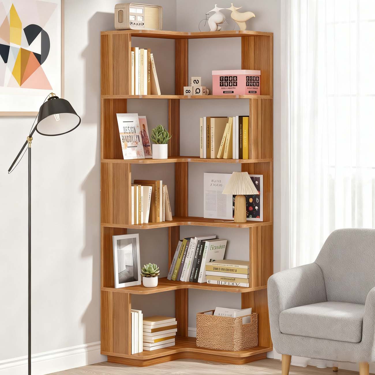 Hoekboekenplank – Hoekrek – Boekenkast – Opbergkast – Vakkenkast – Walnoot Houtnerf – Vrijstaand 6 Niveaus – Anti-Val Zijpanelen