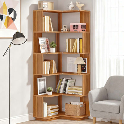 Hoekboekenplank – Hoekrek – Boekenkast – Opbergkast – Vakkenkast – Walnoot Houtnerf – Vrijstaand 6 Niveaus – Anti-Val Zijpanelen