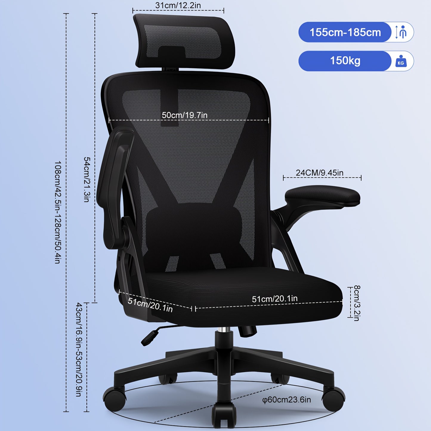 Ergonomic Office Chair with Adjustable Lumbar Support & Headrest, Folding Armrests, Foam Seat Suitable for & - Heavy-Duty, Assembly, Compatible for s (Desk Chair)