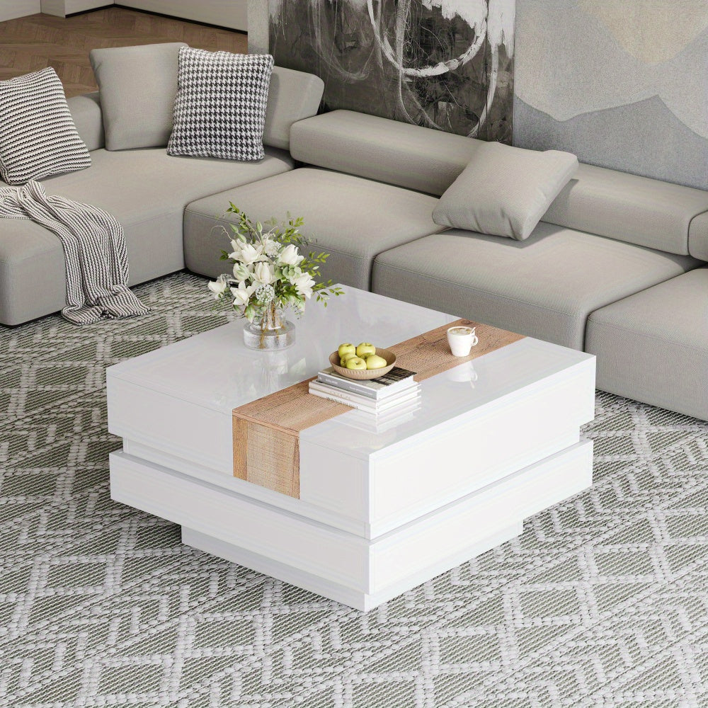 Modern White Metal Coffee Table with Extendable Top & Hidden Storage Shelves - 70x70x39cm, High-Gloss Finish, Square Design for Living Room, Bedroom, Office - Space-Saving Side Table with Drawers, Coffee Table for Living Room
