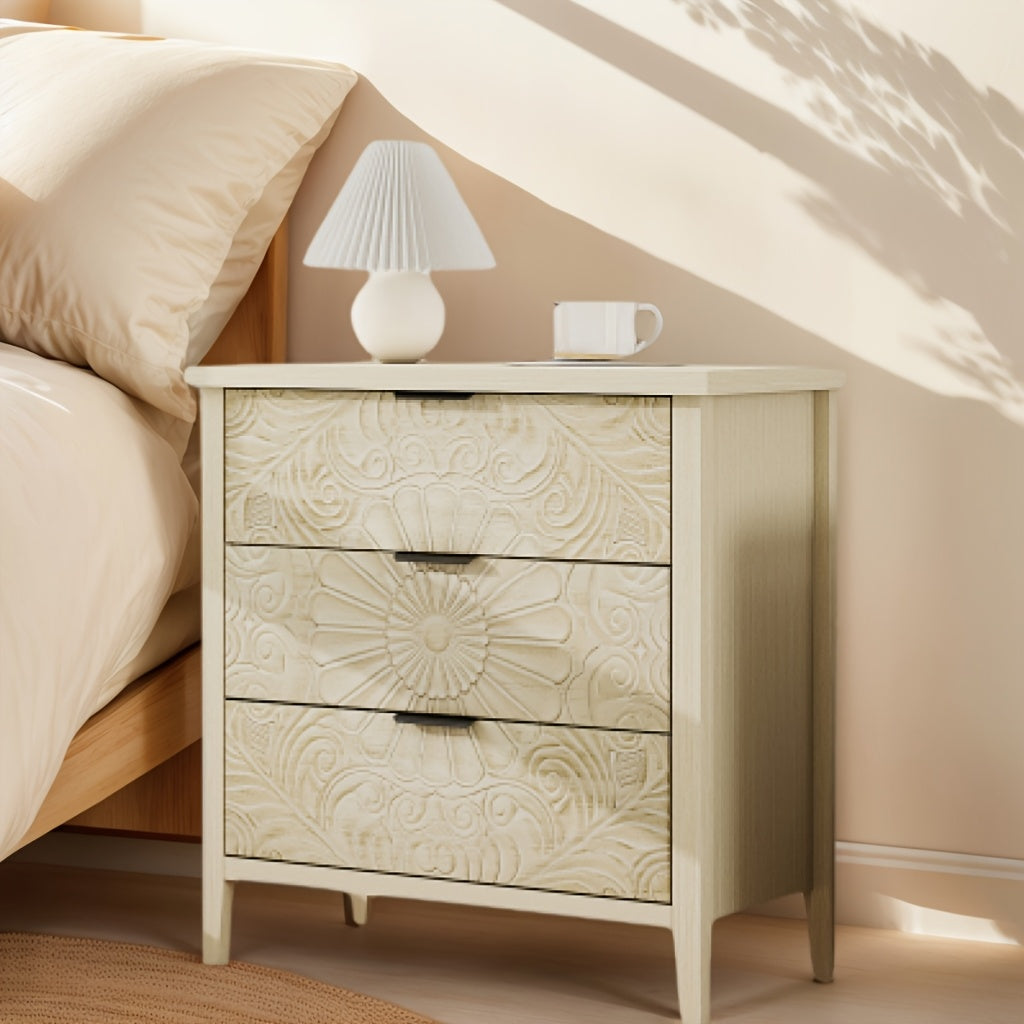 Nachtkastje – Bijzettafel – Wandkast – Ladekast – Slaapkamerkast – Massief Hout – 3 Lades Geperforeerd – 69 cm Hoog – 90 Liter Opbergruimte – Vrijstaand