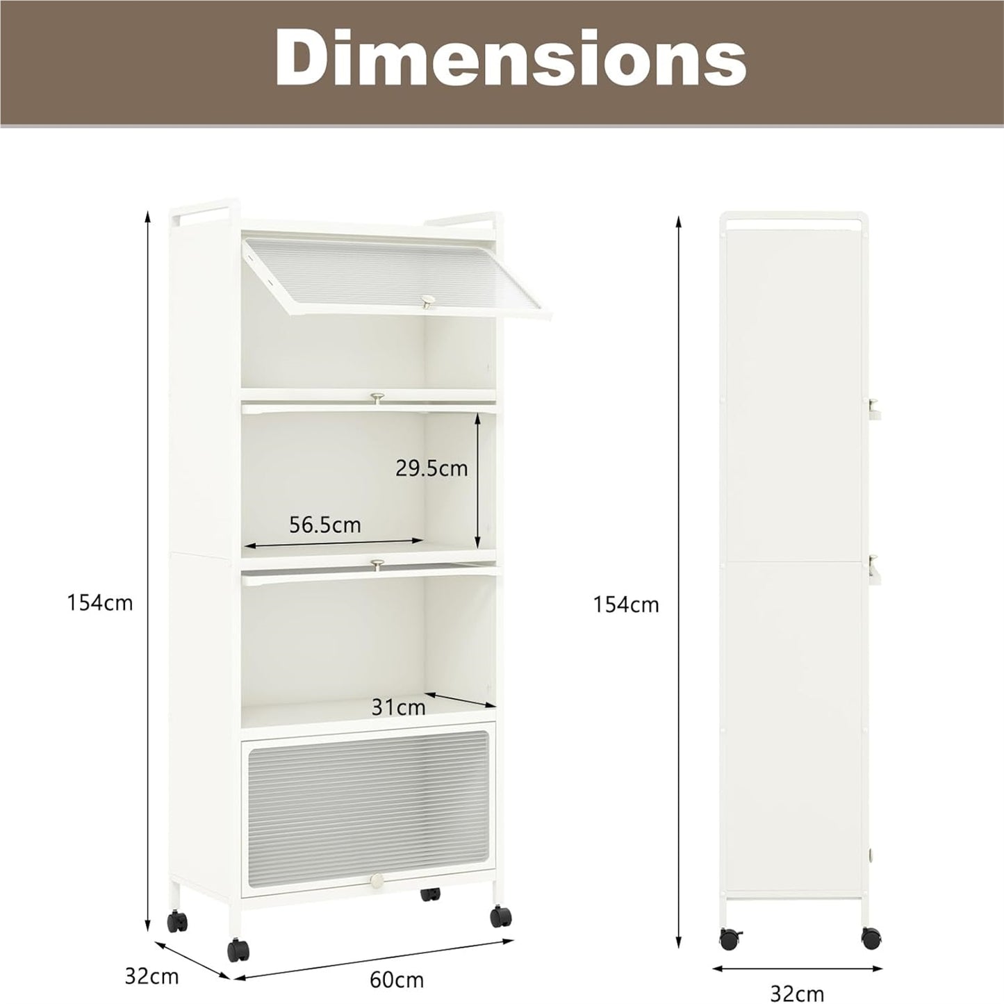 Keukenkast op Wieltjes – Opbergkast – Keukenrek – Kast met Deuren – Staande Kast – 5 Opbergniveaus – Stalen Frame – Lockbare Wielen