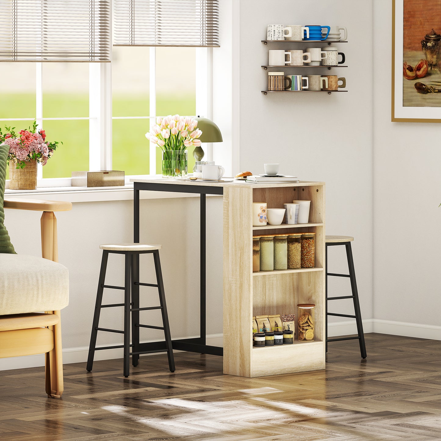 Bartafelset – Barkrukken – Barmeubel – Bartafel – Barstoel – Compact Ontwerp – Opbergruimte – Lichtbruin Zwart Eikenhout