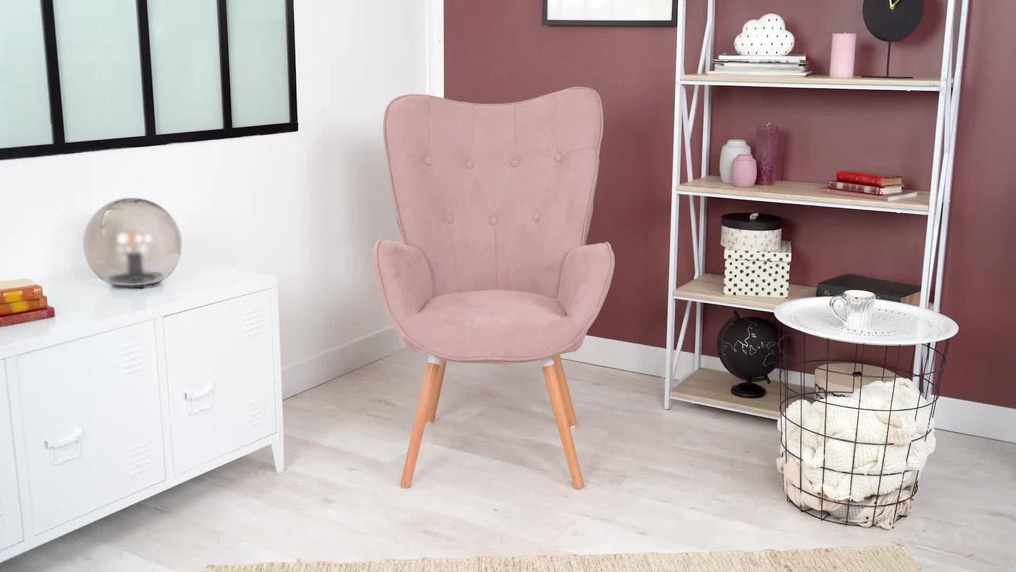 Slaapkamerfauteuil – Lounge Stoel – Zetel – Relaxfauteuil – Living Kamerstoel – Roze Stoffen Bekleding – Scandinavisch Design Met Eiken Houten Poten