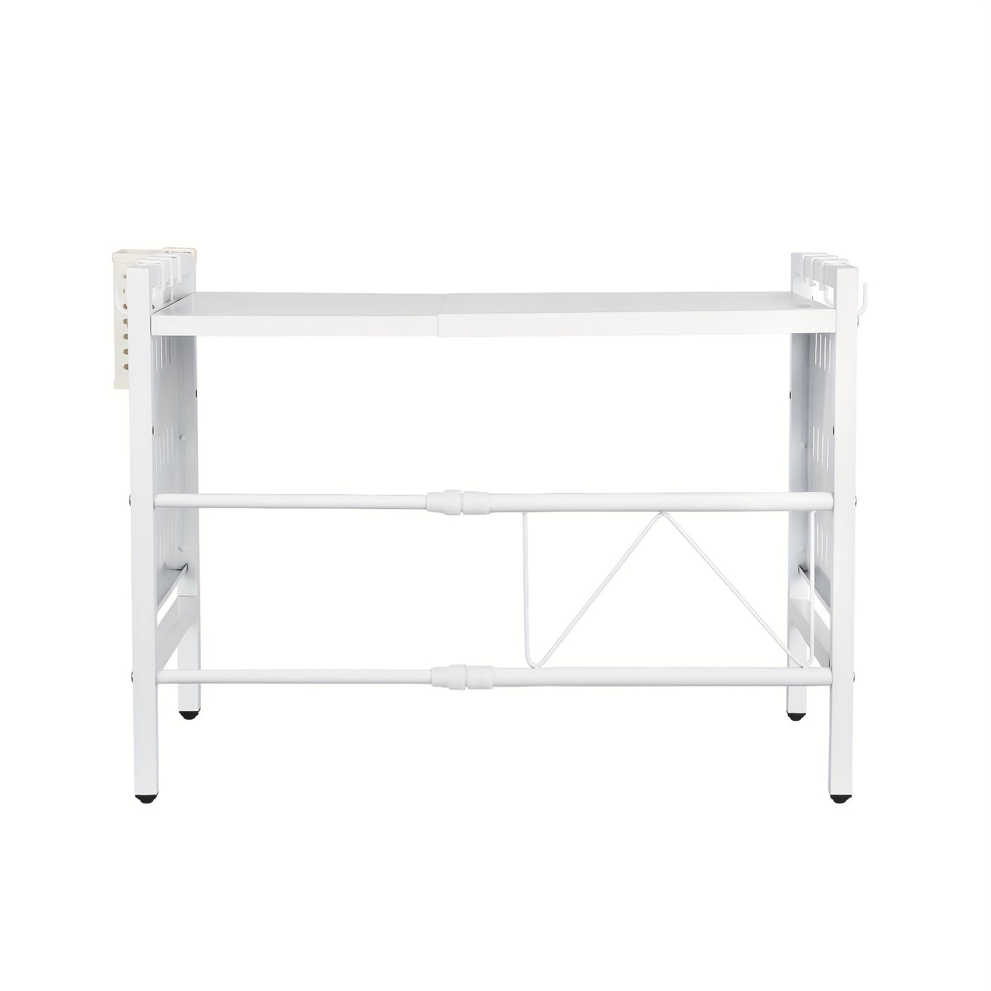Metalen Magnetronrek – Keukenrek – Opbergrek – Plank – Rek Verstelbaar – Verstelbare Breedte 42-68 cm – Robuust Zwaar Stalen Frame – 6 Haken & Eetstokjeshouder – Wit 42x36x46 cm