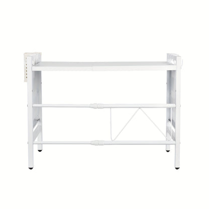 Metalen Magnetronrek – Keukenrek – Opbergrek – Plank – Rek Verstelbaar – Verstelbare Breedte 42-68 cm – Robuust Zwaar Stalen Frame – 6 Haken & Eetstokjeshouder – Wit 42x36x46 cm