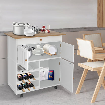 Versatile White Kitchen Island Cart with Wheels - 68.58cm x 39.12cm x 85.09cm | Spacious Storage & Worktop, Wine Rack Included
