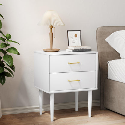 Nachtkastje – Ladekast – Bijzettafel – Nachtkast – Opbergkast – Modern Wit – 2 Laden – Houten Poten – Gouden Handgrepen