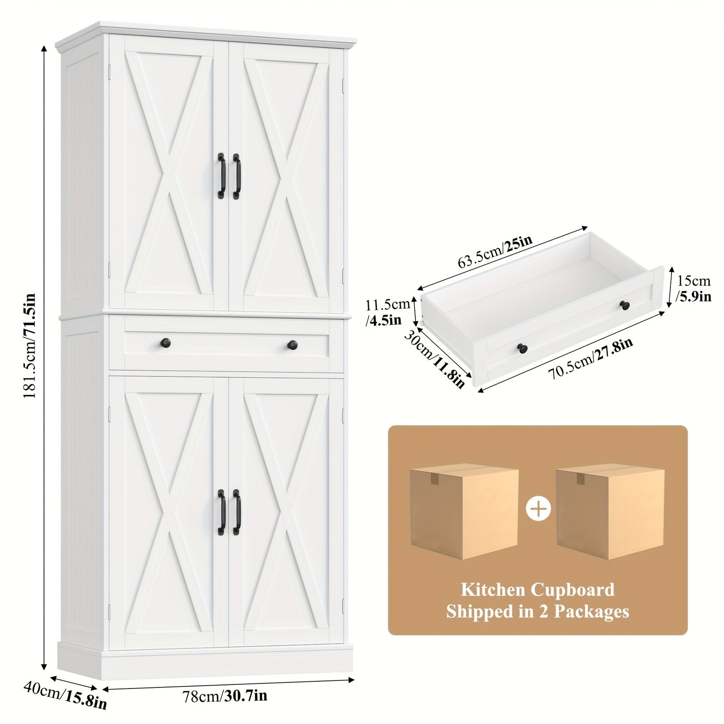 Kealive 181.5cm Kitchen Cabinet Buffet Cabinet Tall Cabinet Kitchen Buffet with 4 Doors And Drawer, Multi-Purpose Cabinet for Living Room Kitchen White Shipped In 2 Package,  Storage Solution, Modern Cabinet, Contemporary Fur