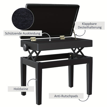 Verstelbare Piano Kruk – Pianobank – Muziekstoel – Keyboard Kruk – Oefenkruk – Zwart – Stevig Metalen Frame – Ingebouwde Opbergruimte