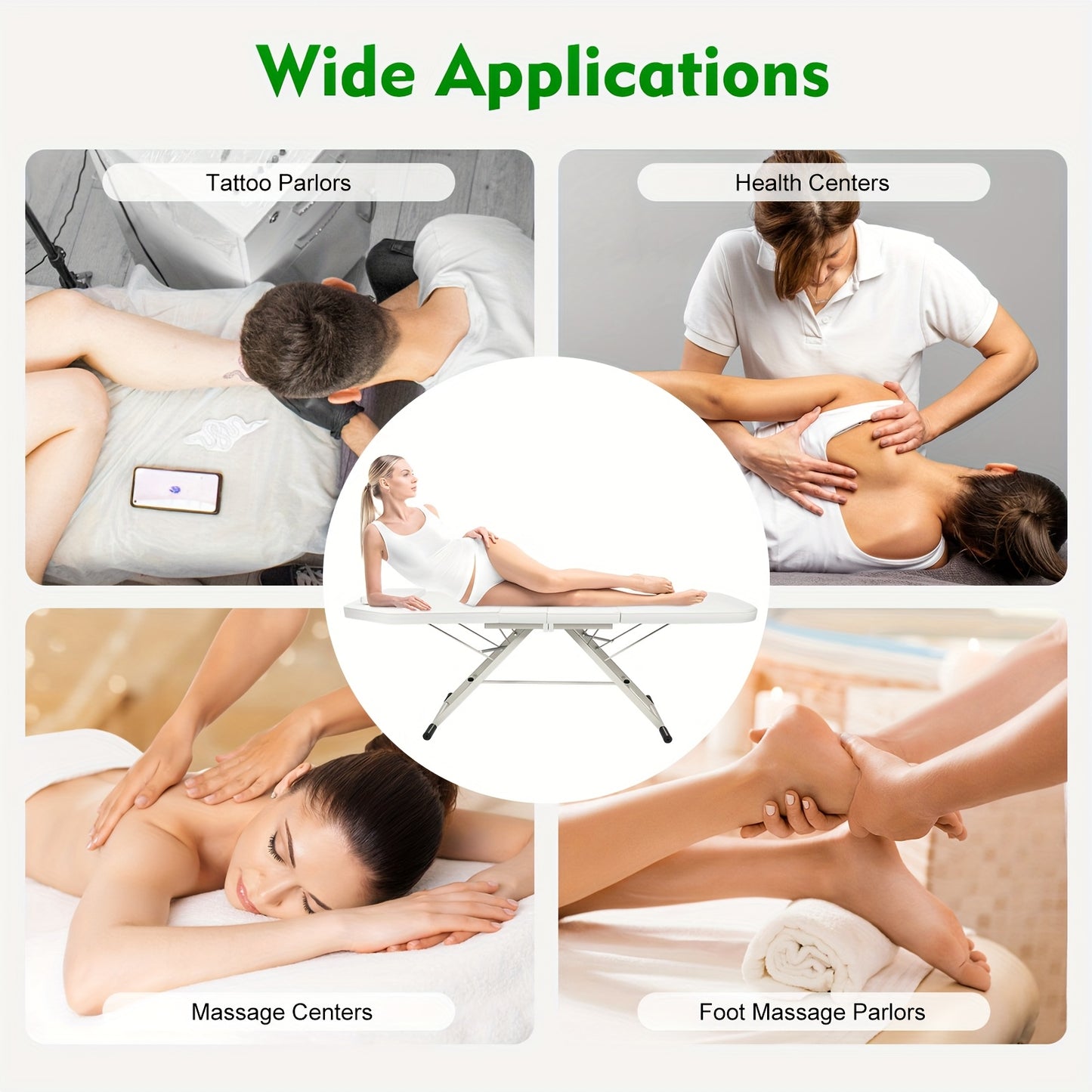 Massagetafel – Behandeltafel – Behandelbank – Schoonheidstafel – Massagebed – Verstelbaar in Hoogte – Roestvrij Staal – 3-voudig Inklapbaar – Wit