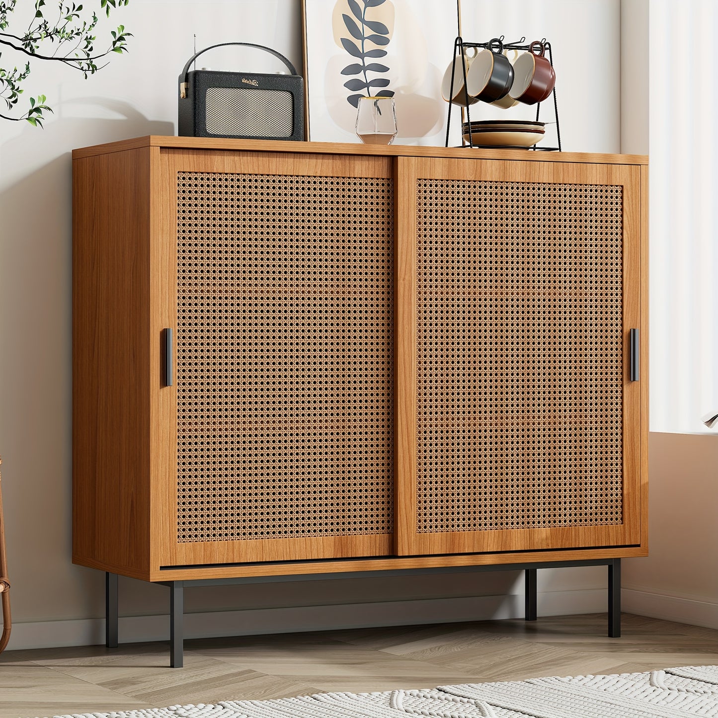 Rustic Modern Sideboard with 2 Sliding Doors, Adjustable Shelves & Drawer Storage - Freestanding Floor Cabinet for Living Room & Dining Room, 100x90x37cm