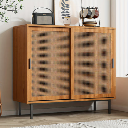 Rustic Modern Sideboard with 2 Sliding Doors, Adjustable Shelves & Drawer Storage - Freestanding Floor Cabinet for Living Room & Dining Room, 100x90x37cm