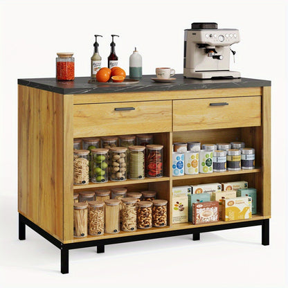 120×75×90cm, Country-Style Kitchen Island with 2 Drawers and 4 Open Shelves, Oak Grain Finish, Black Marble Countertop, Metal Frame, Kitchen Island With Seating, Kitchen Shelf Organizers And Storage, Island Table For Kitche