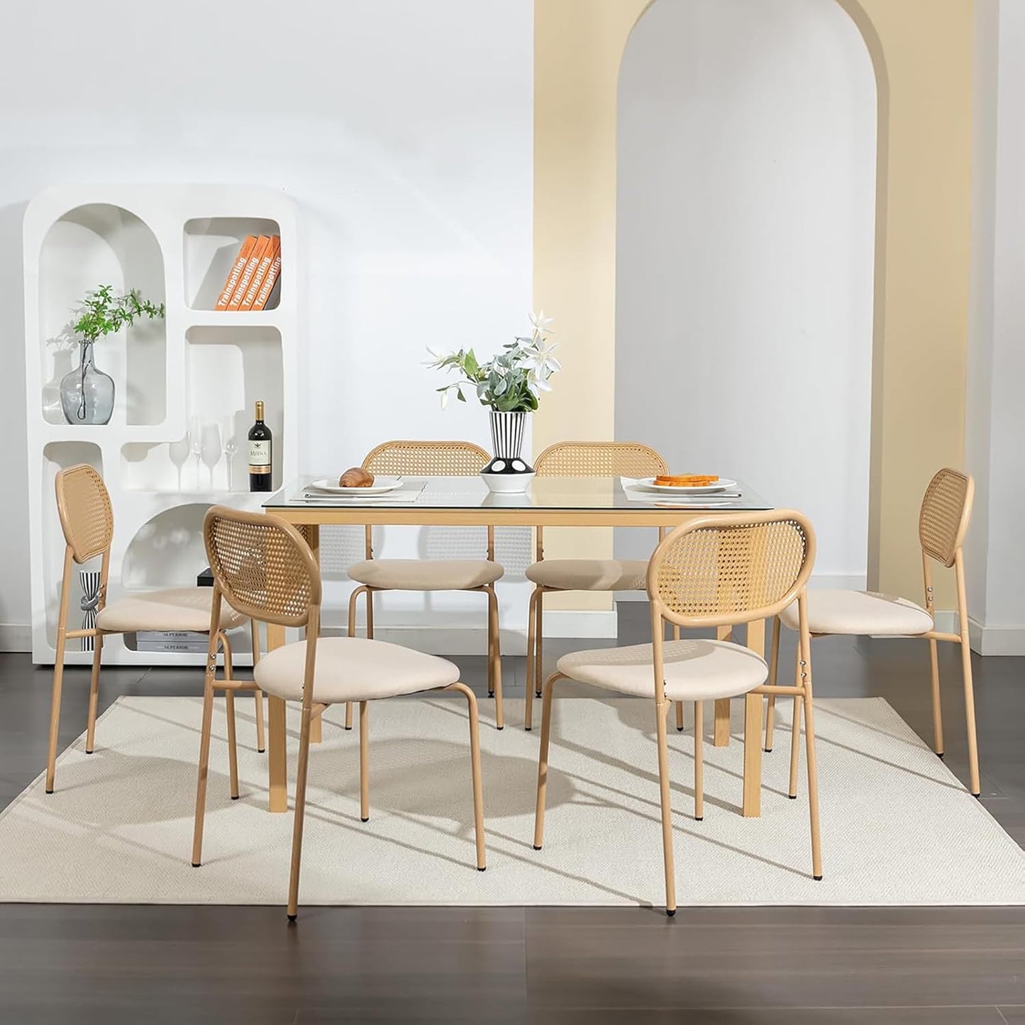 Eetkamerstoel – Stoel – Kuipstoel – Keukenstoel – Set Van 2 – Rattan Rugleuning – Metalen Frame – Zachte Velvet Zitting – Max. Draagvermogen 150 kg