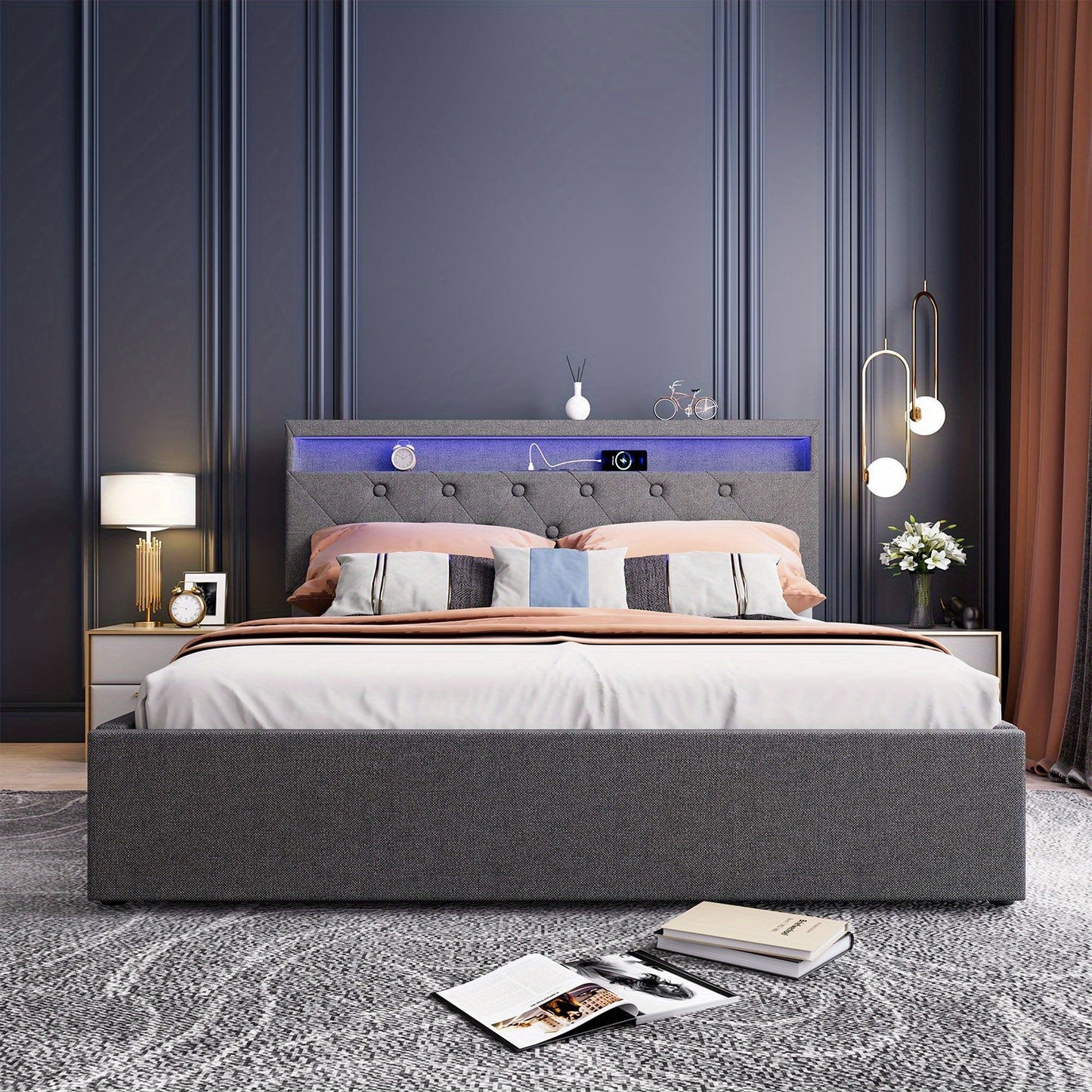 Boxspringbed – Boxspring – Bed – Bedframe – Boxspringbed Met Opbergruimte – 140x200 cm – Stof Linnen – Hydraulische Opbergruimte – LED Hoofdbord