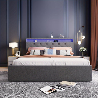 Boxspringbed – Boxspring – Bed – Bedframe – Boxspringbed Met Opbergruimte – 140x200 cm – Stof Linnen – Hydraulische Opbergruimte – LED Hoofdbord