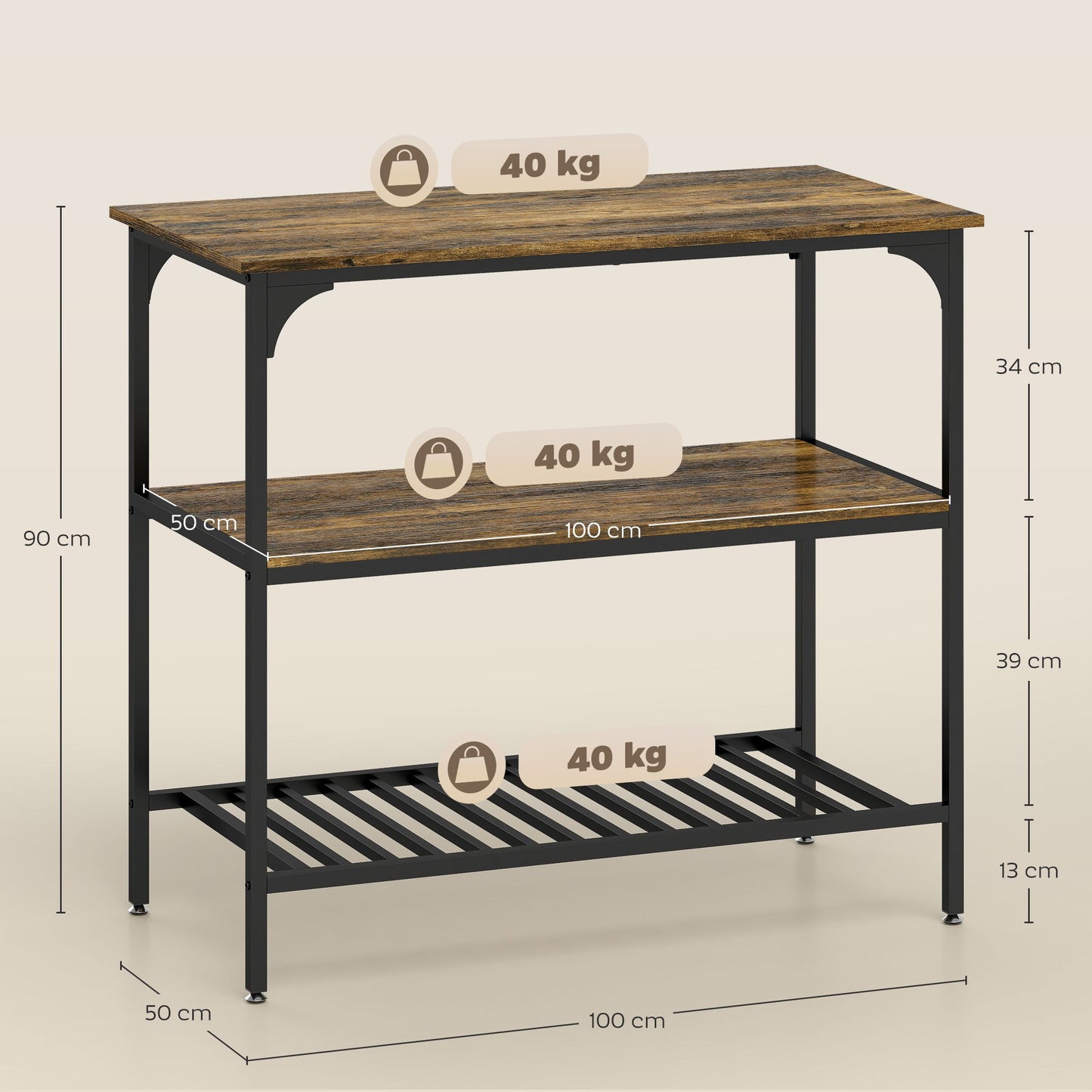 3-laags Opbergrek – Keukenrek – Opbergrek – Organizer – Bakplanken – Rustic-Bruin Hout – Zwart Stalen Frame – Stevig & Ruimtebesparend