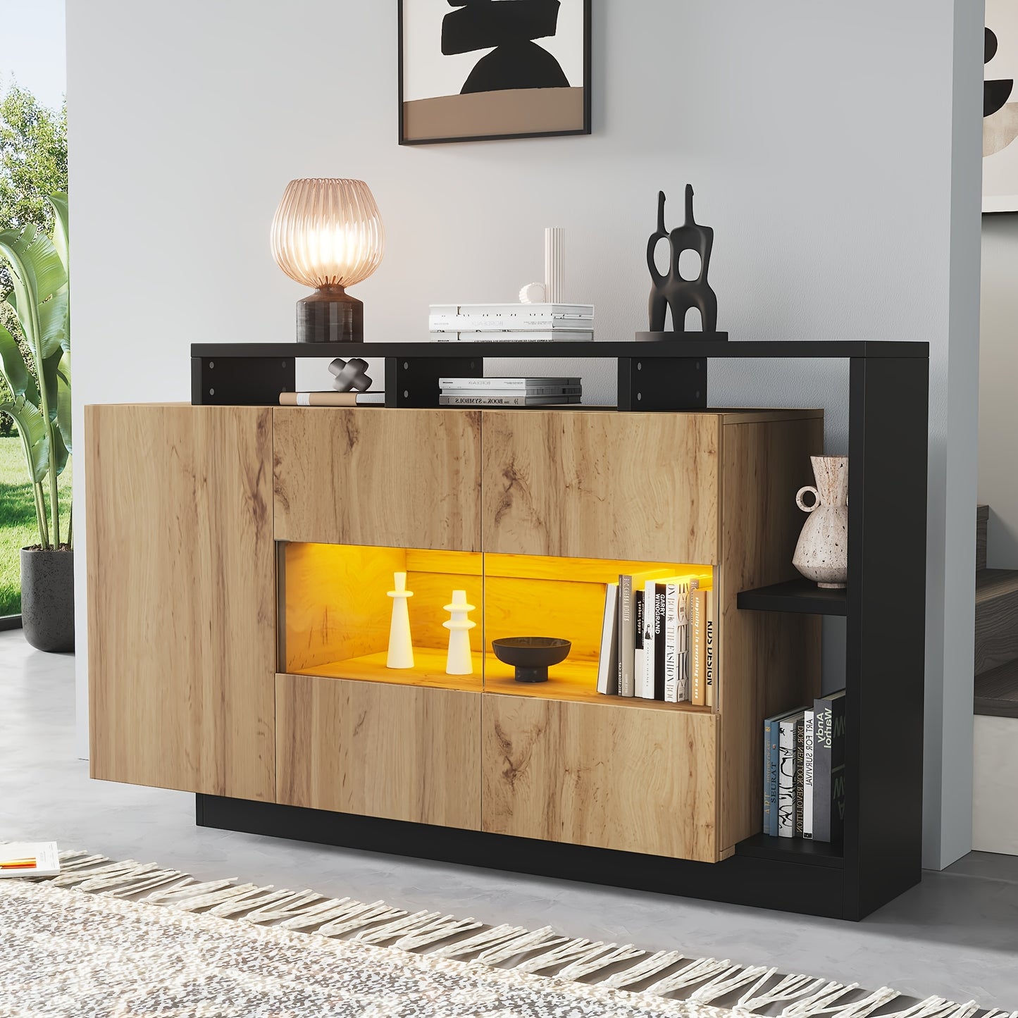Modern Oak Veneer MDF Glazen Kast – Sideboard – Dressoir – Credenza – Opbergkast – Glazen Deuren – Zwart Frame – Eikenhout Afwerking – 68,58 cm Hoog – Zonder Spaanplaat
