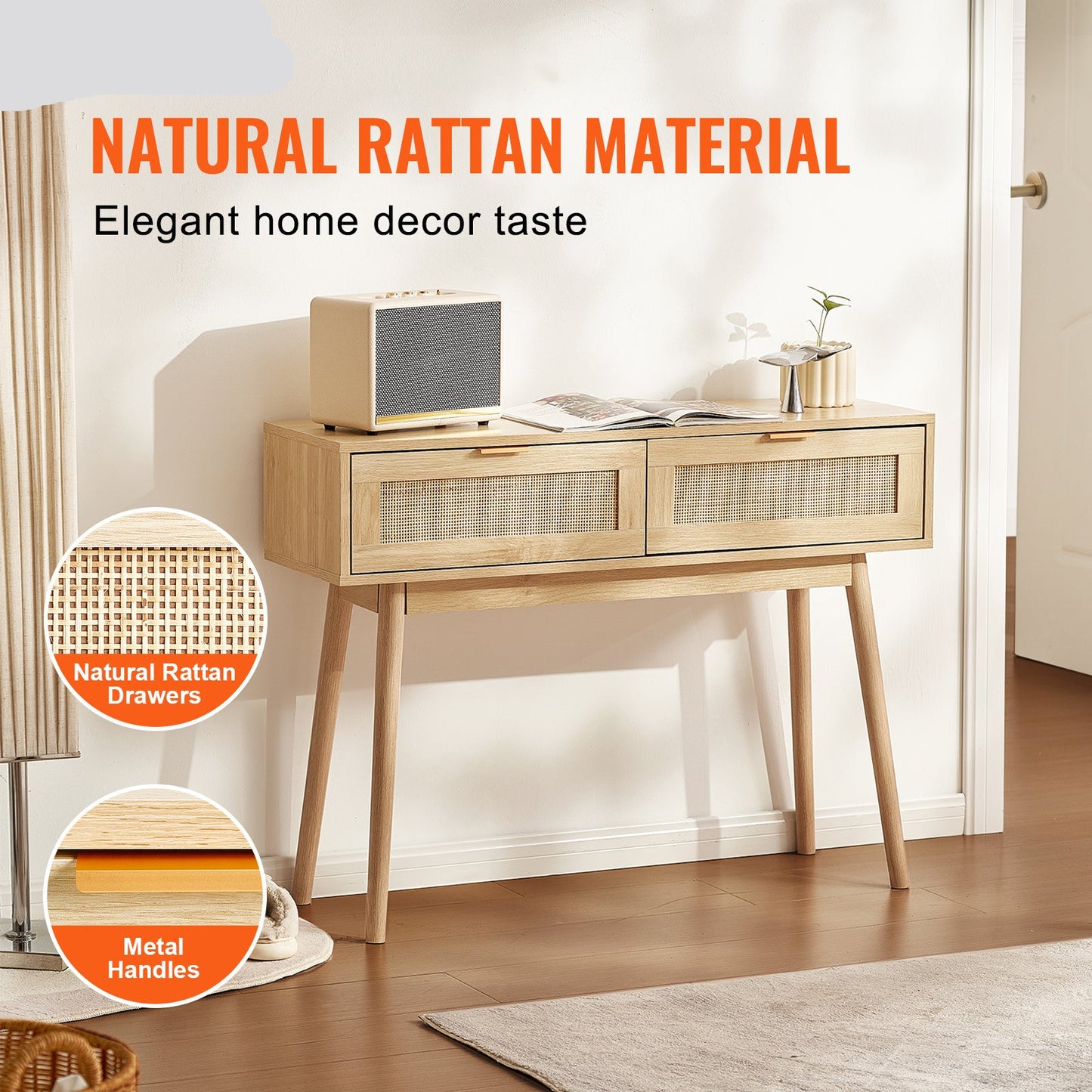 Sidetable – Wandtafel – Console – Haltafel – Bijzettafel – Natuurlijk Rattan – 2 Laden – Duurzaam MDF