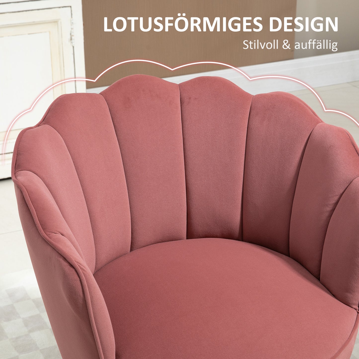 Fauteuil – Loungestoel – Relaxstoel – Leunstoel – Schelpvormige Lounge Chair – Roze Velvet Bekleding – Houten Poten – Compact Design