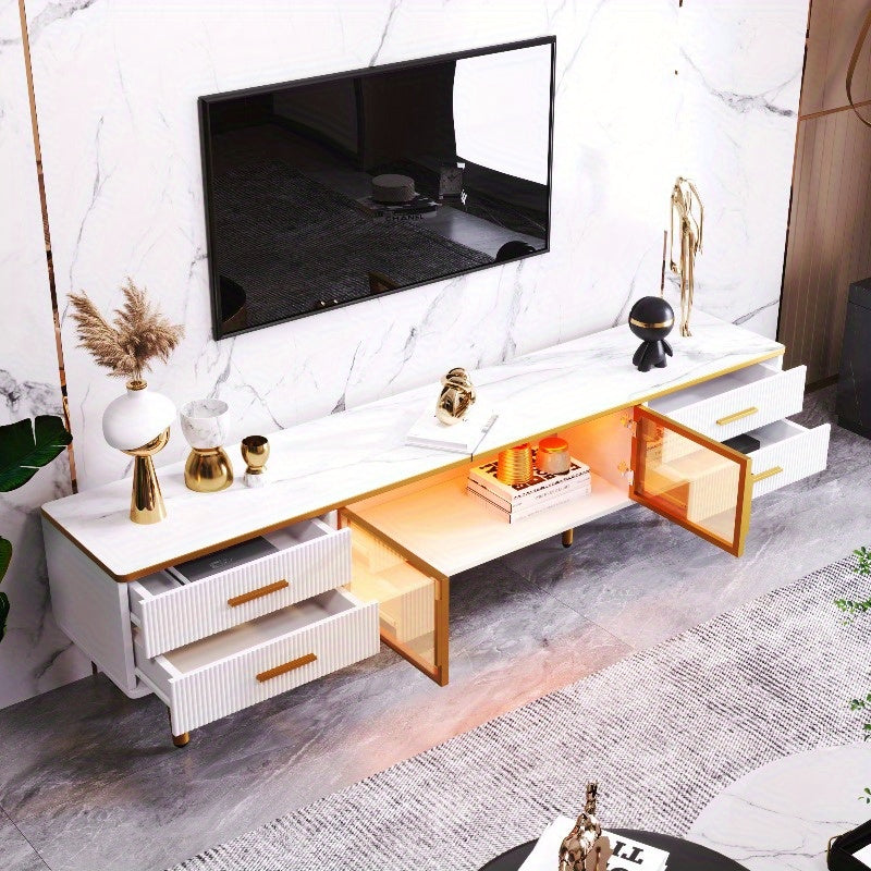 TV Meubel – Lowboard – Entertainmentkast – Sideboard – Dressoir – 4 Lades – Bruin Gehard Glas – 170 cm Hoogte – Marmerlook & Gouden Handvaten