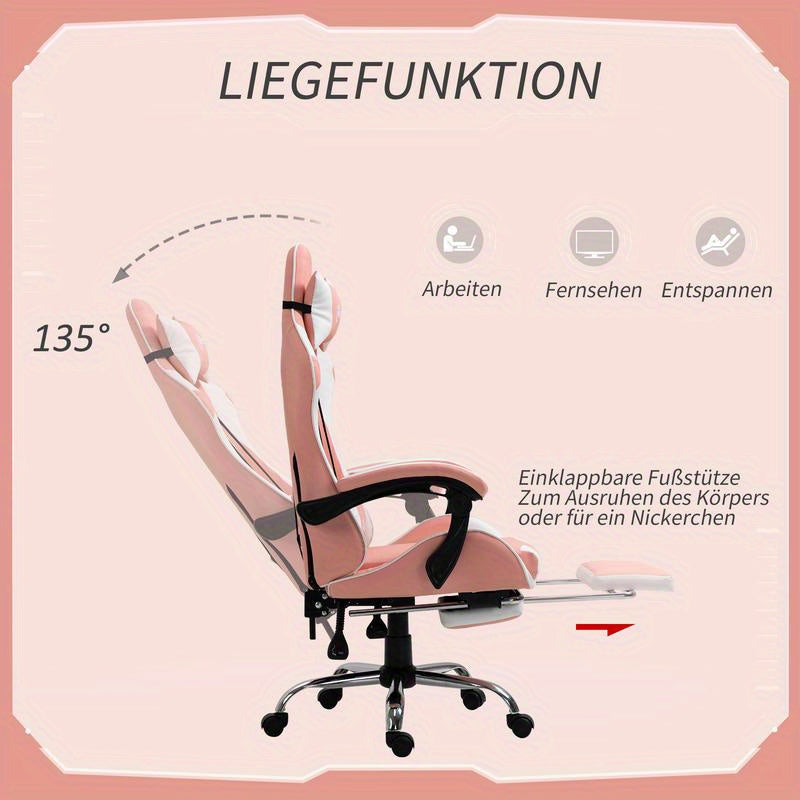 Gamingstoel – Bureaustoel – Gamestoel – Werkstoel – Office Chair – Ergonomisch – Verstelbare Hoogte 119-127 cm – 360° Draaibaar – Lendensteun – Metalen Frame – PVC Leer – Hoofdsteun – Roze Zwart