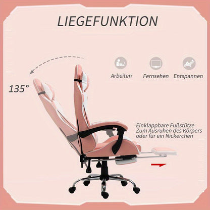 Gamingstoel – Bureaustoel – Gamestoel – Werkstoel – Office Chair – Ergonomisch – Verstelbare Hoogte 119-127 cm – 360° Draaibaar – Lendensteun – Metalen Frame – PVC Leer – Hoofdsteun – Roze Zwart