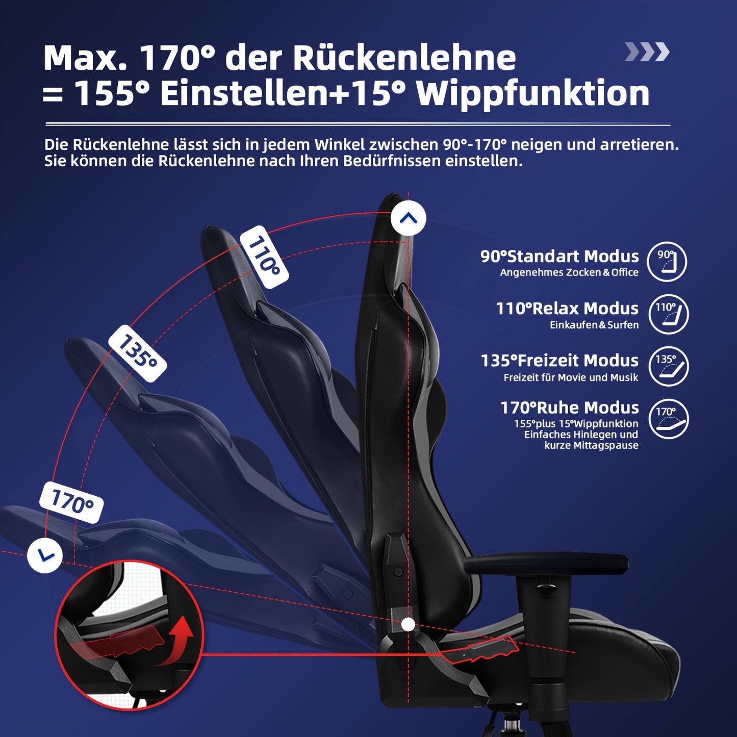 Gaming Stoel – Gaming Chair – Gaming Fauteuil – Gamestoel – Ergonomische Gamestoel – Verstelbare Lendensteun & Hoofdsteun – Rugleuning Kantelbaar Tot 170°