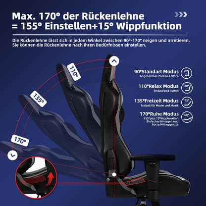 Gaming Stoel – Gaming Chair – Gaming Fauteuil – Gamestoel – Ergonomische Gamestoel – Verstelbare Lendensteun & Hoofdsteun – Rugleuning Kantelbaar Tot 170°