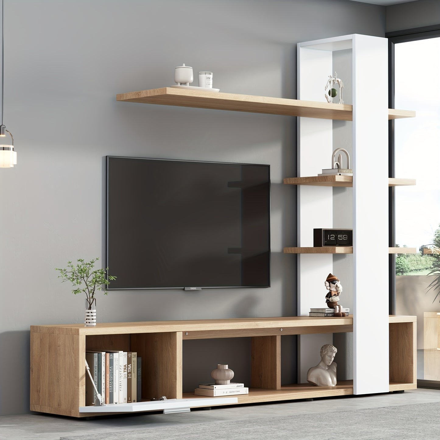 tv-meubel – TV-kast – TV-meubelset – TV-wandmeubel – TV-lowboard – Wit en Eikenhout – Geschikt voor televisies tot 60 inch – Duurzaam massief hardhout