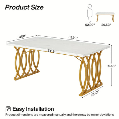 Eettafel – Tafel – Dinertafel – Keukentafel – Dining Table – Grote Witte & Gouden Rechthoekige Eettafel – MDF Marmerlook Blad – Stevig Metalen Frame 81,65 KG draagvermogen