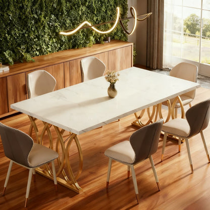 Eettafel – Tafel – Keukentafel – Dinertafel – Tafeltje – Rechthoekig – Wit Faux Marmeren Blad – Gouden Geometrische Poten – 160x80 cm – Geschikt voor 4-6 Personen